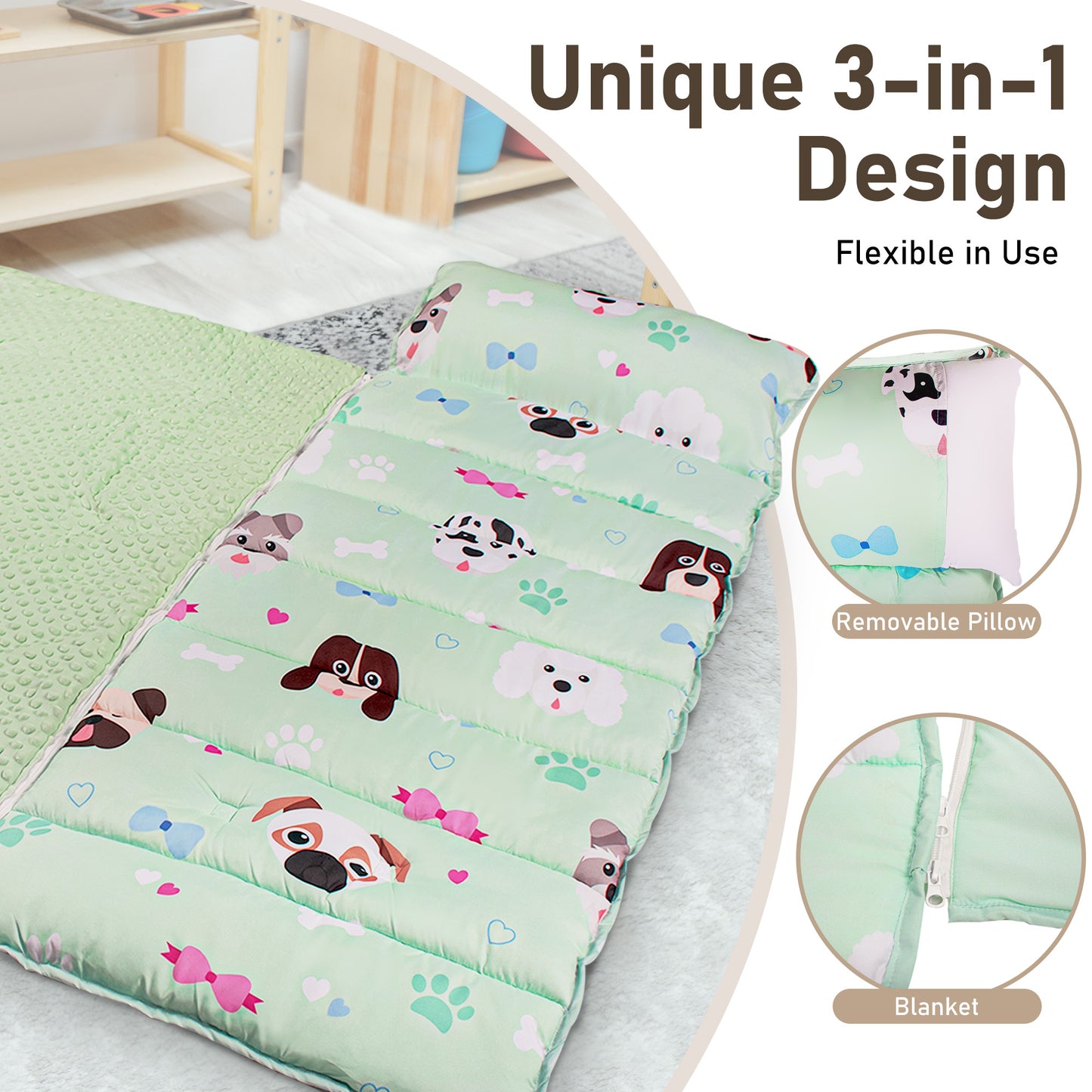 PRIMLECT Nap Mat with Removable Blanket - Green Puppies
