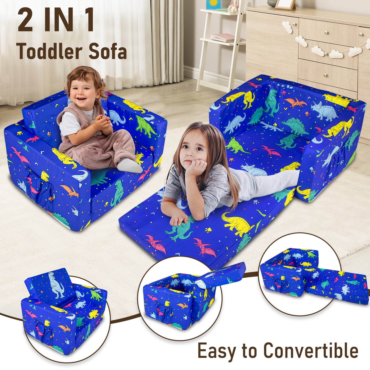 PRIMLECT Kids Sofa - Blue Dinosaur
