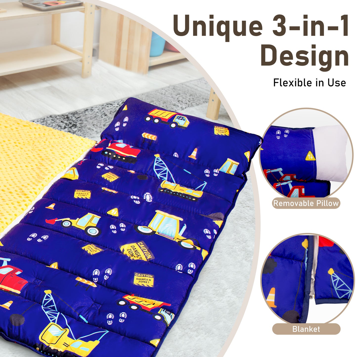 PRIMLECT Nap Mat with Removable Blanket - Navy Blue Excavator