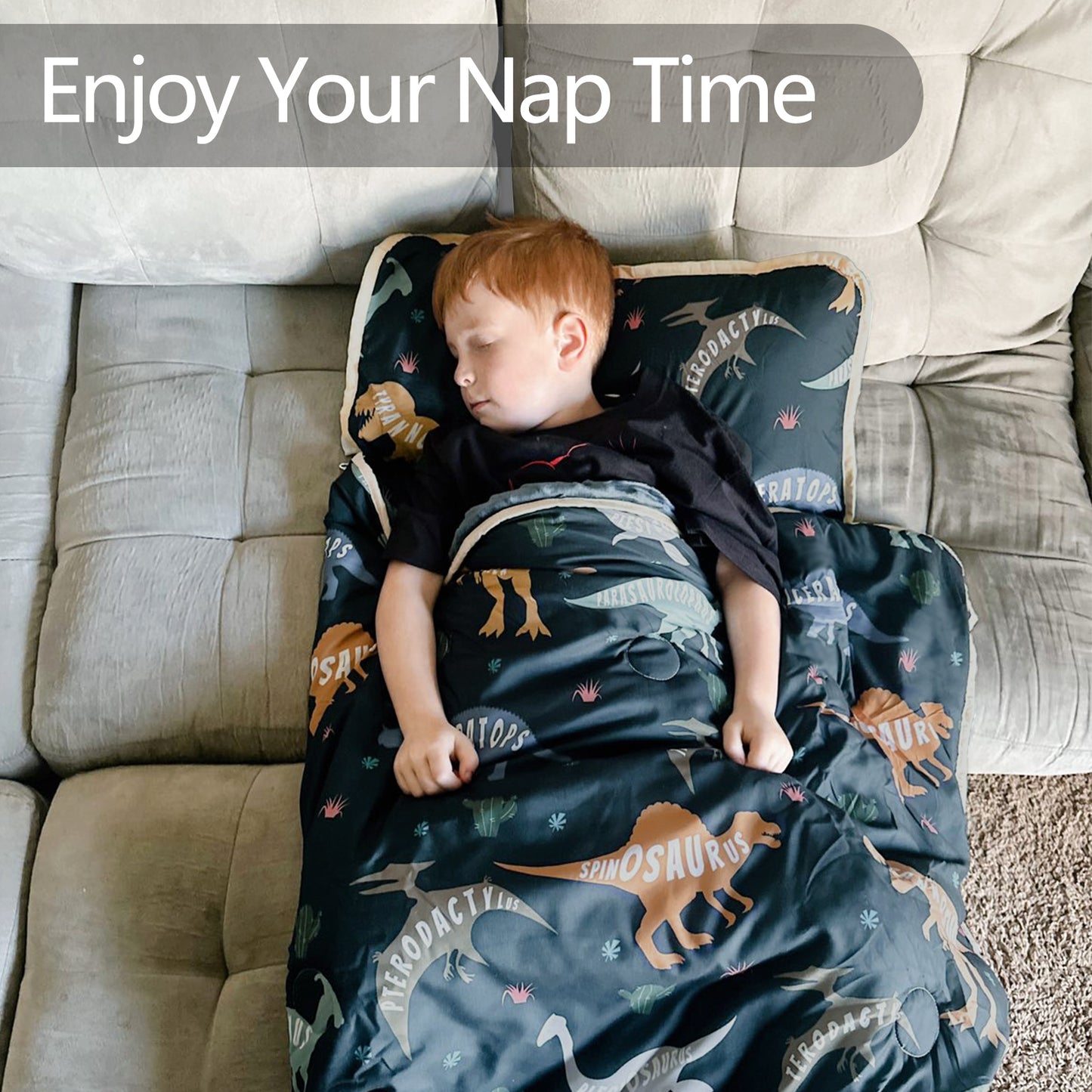 PRIMLECT Nap Mat with Removable Blanket - Black Dinosaur