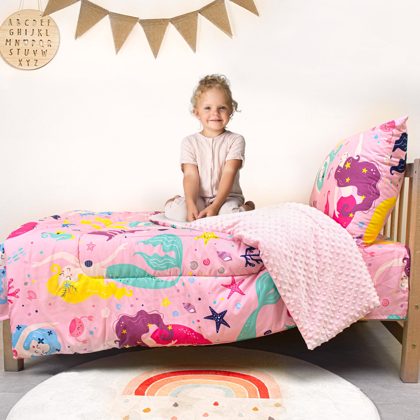 Primlect Baby Crib Bedding Set for Boy Girls-Pink Mermaid