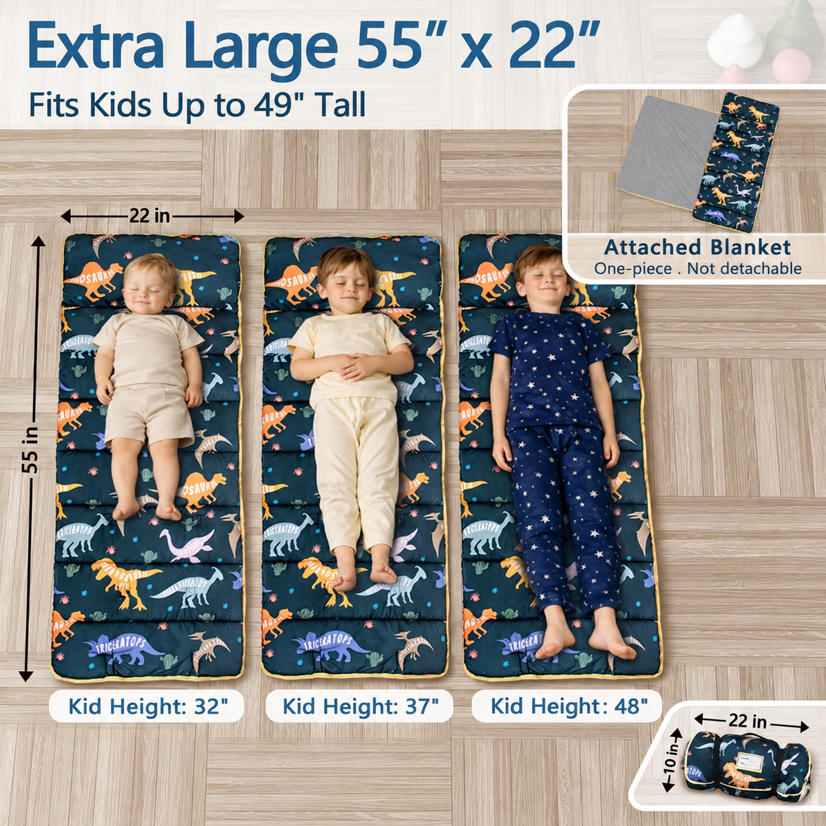 Primlect Nap Mat, 55" x 22" x 2", Thickened Sleeping Bags with Removable Pillow, Glow in the Dark, for Daycare