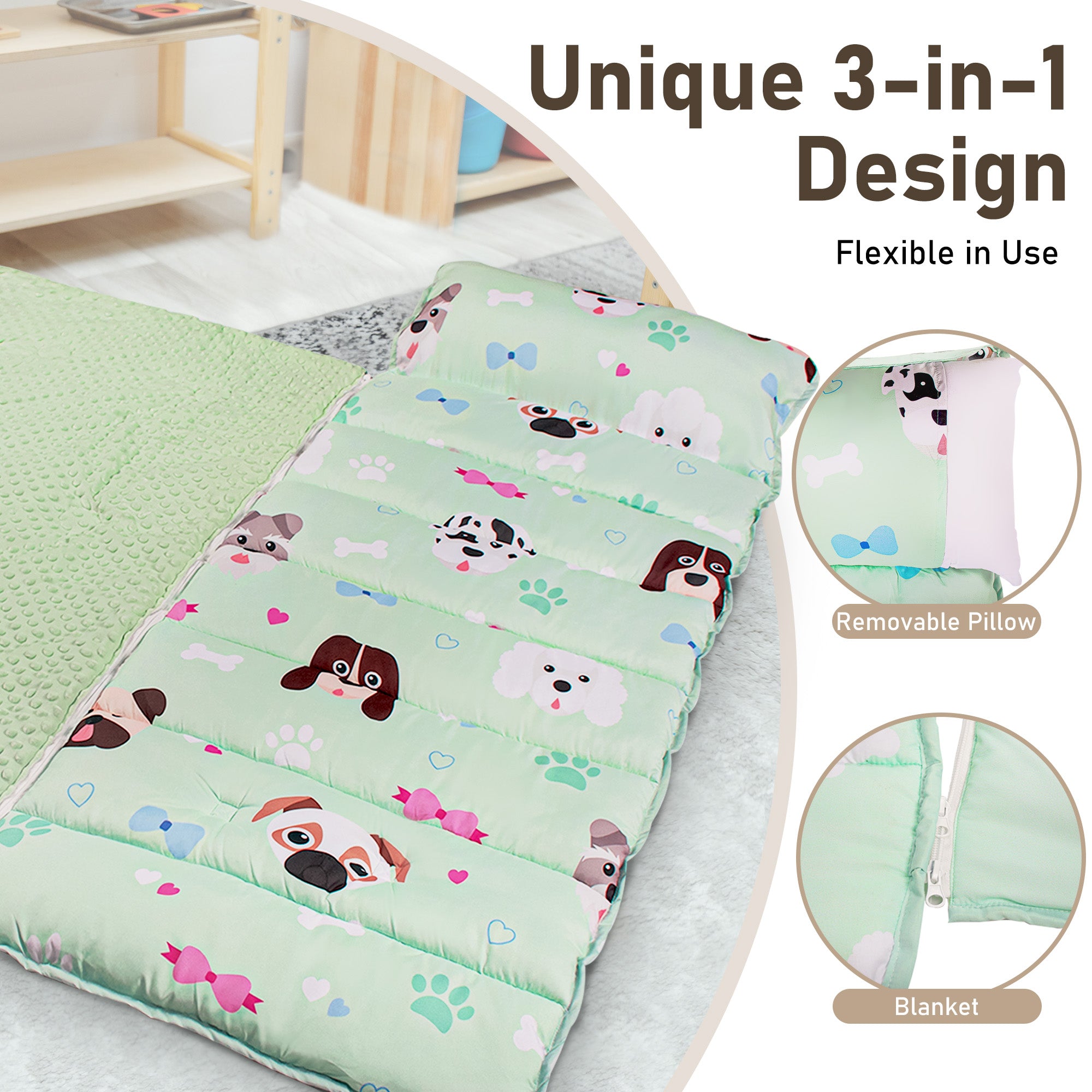 PRIMLECT Nap Mat with Removable Blanket - Green Dogs