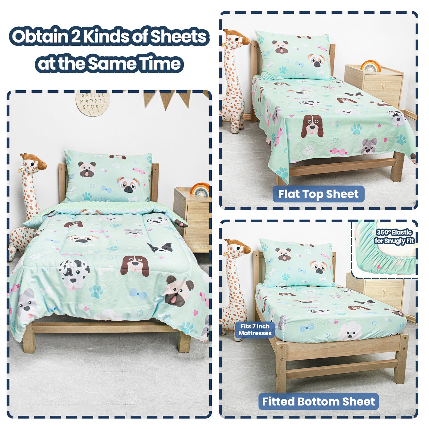 Primlect Baby Crib Bedding Set for Boy Girls-Green Puppies