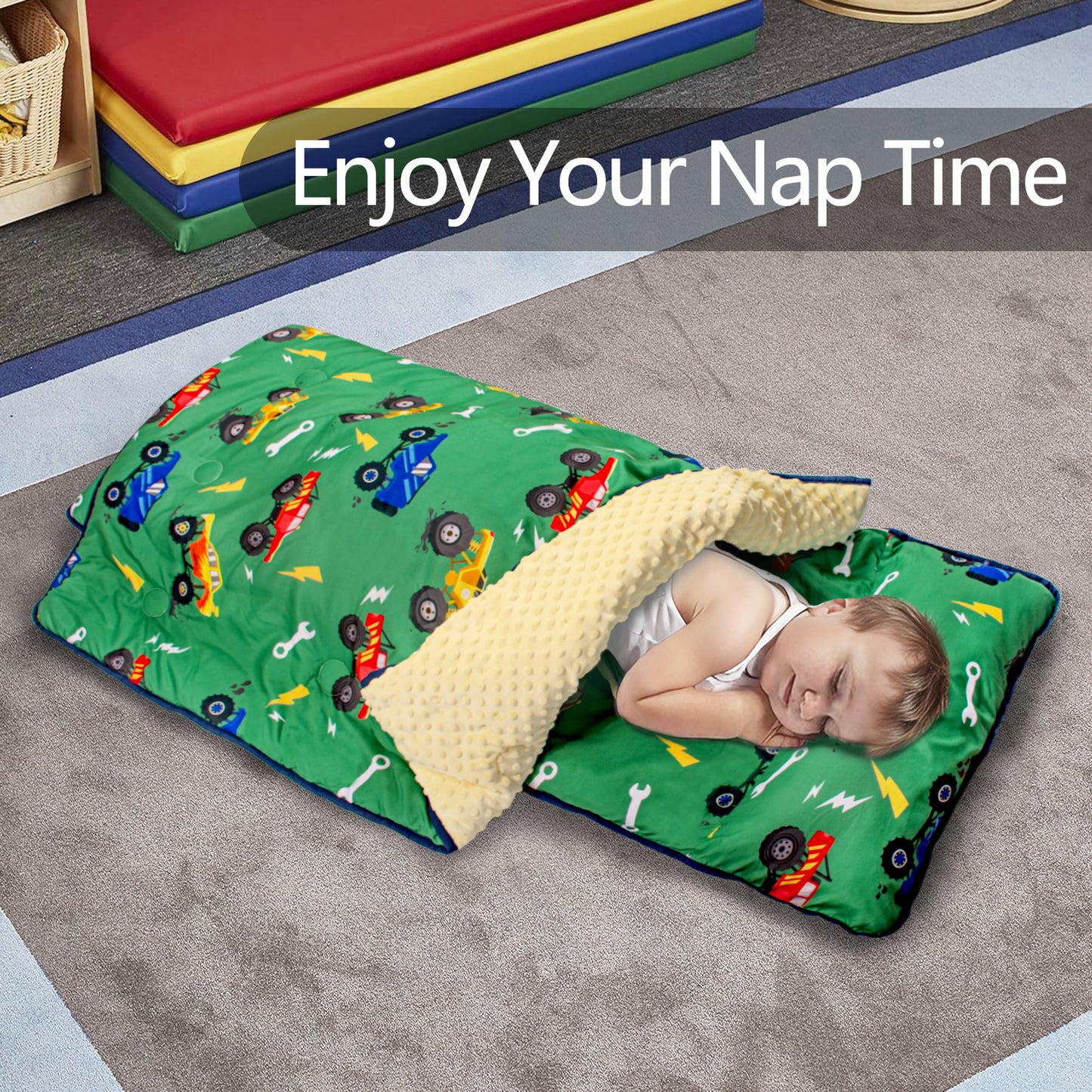 PRIMLECT Nap Mat with Removable Blanket - Green Car