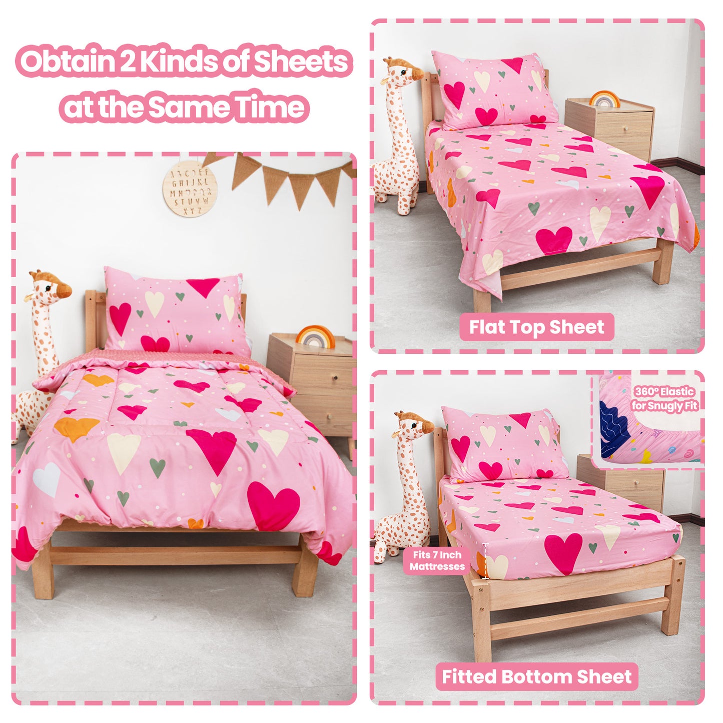 Primlect Baby Crib Bedding Set for Boy Girls-Pink Hearts