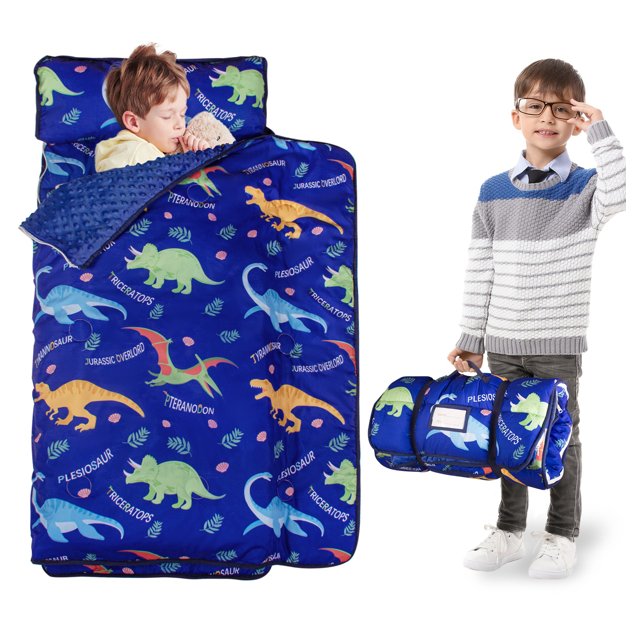 PRIMLECT Nap Mat with Removable Blanket - Blue Dinosaur