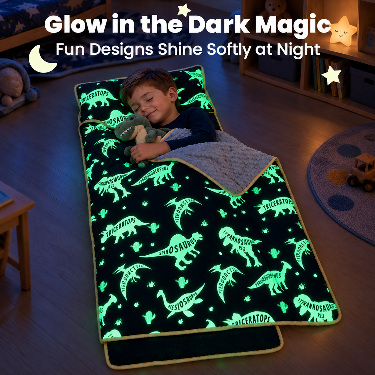 Primlect Nap Mat, 55" x 22" x 2", Thickened Sleeping Bags with Removable Pillow, Glow in the Dark, for Daycare