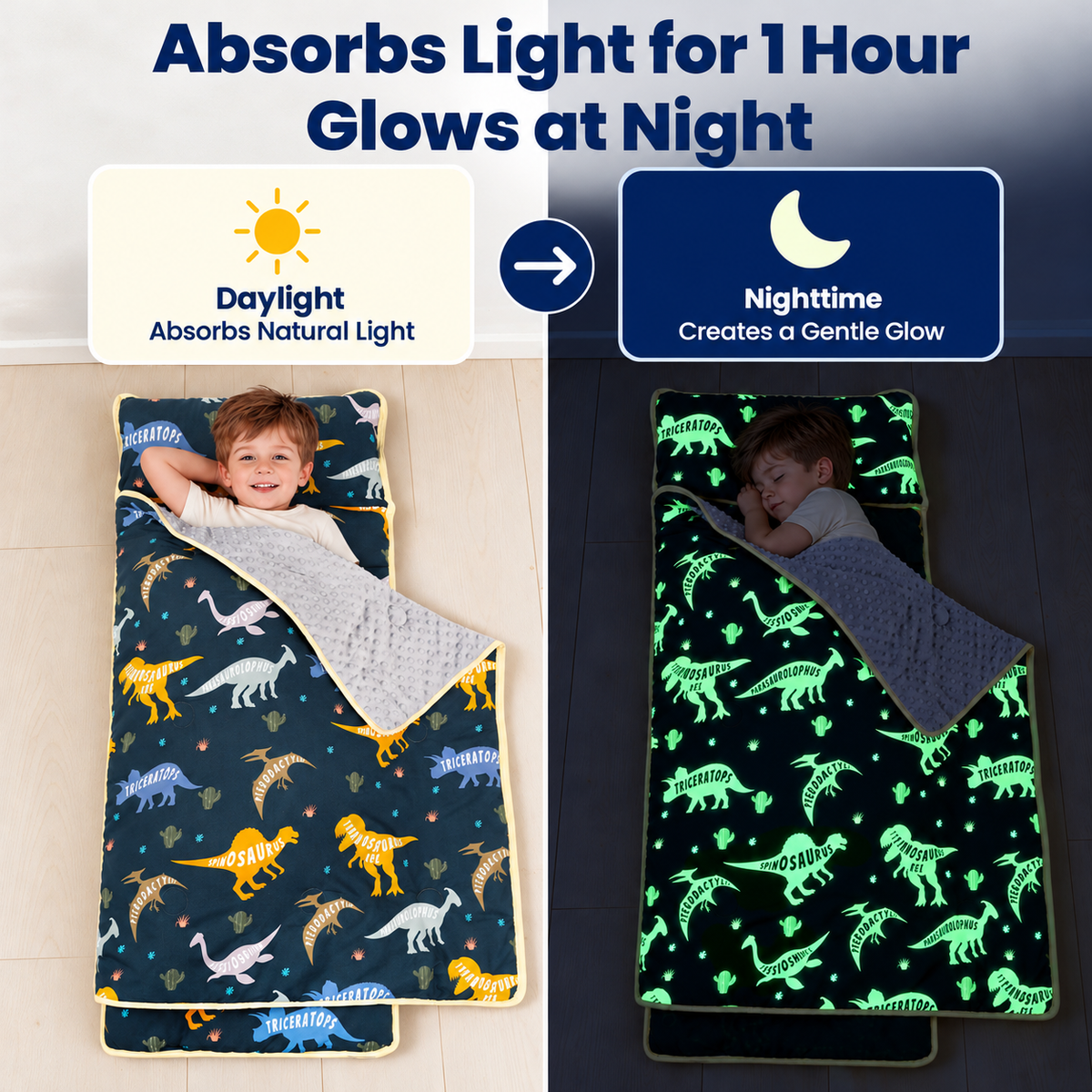 Primlect Nap Mat, 55" x 22" x 2", Thickened Sleeping Bags with Removable Pillow, Glow in the Dark, for Daycare
