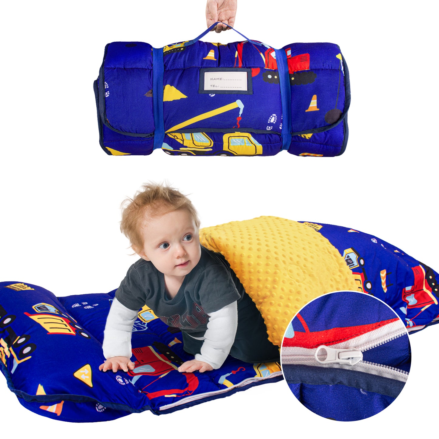 PRIMLECT Nap Mat with Removable Blanket - Navy Blue Excavator