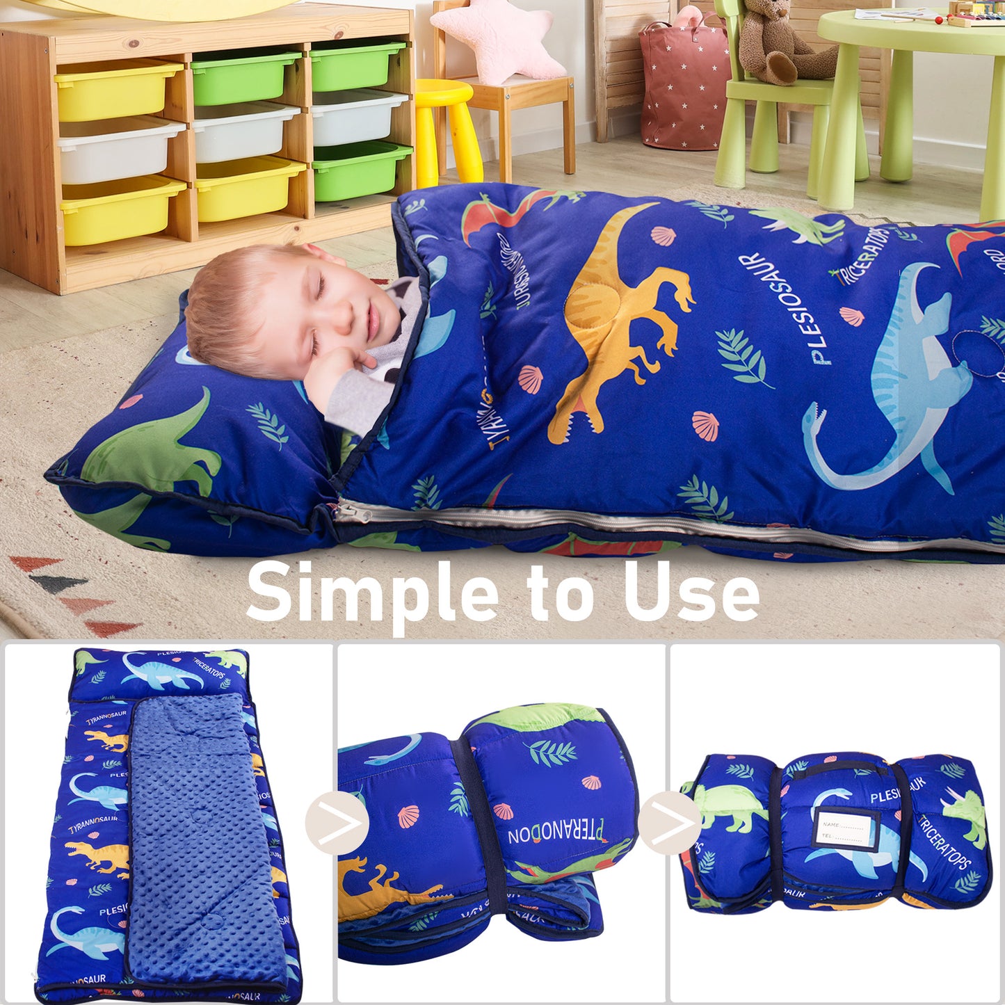 PRIMLECT Nap Mat with Removable Blanket - Blue Dinosaur