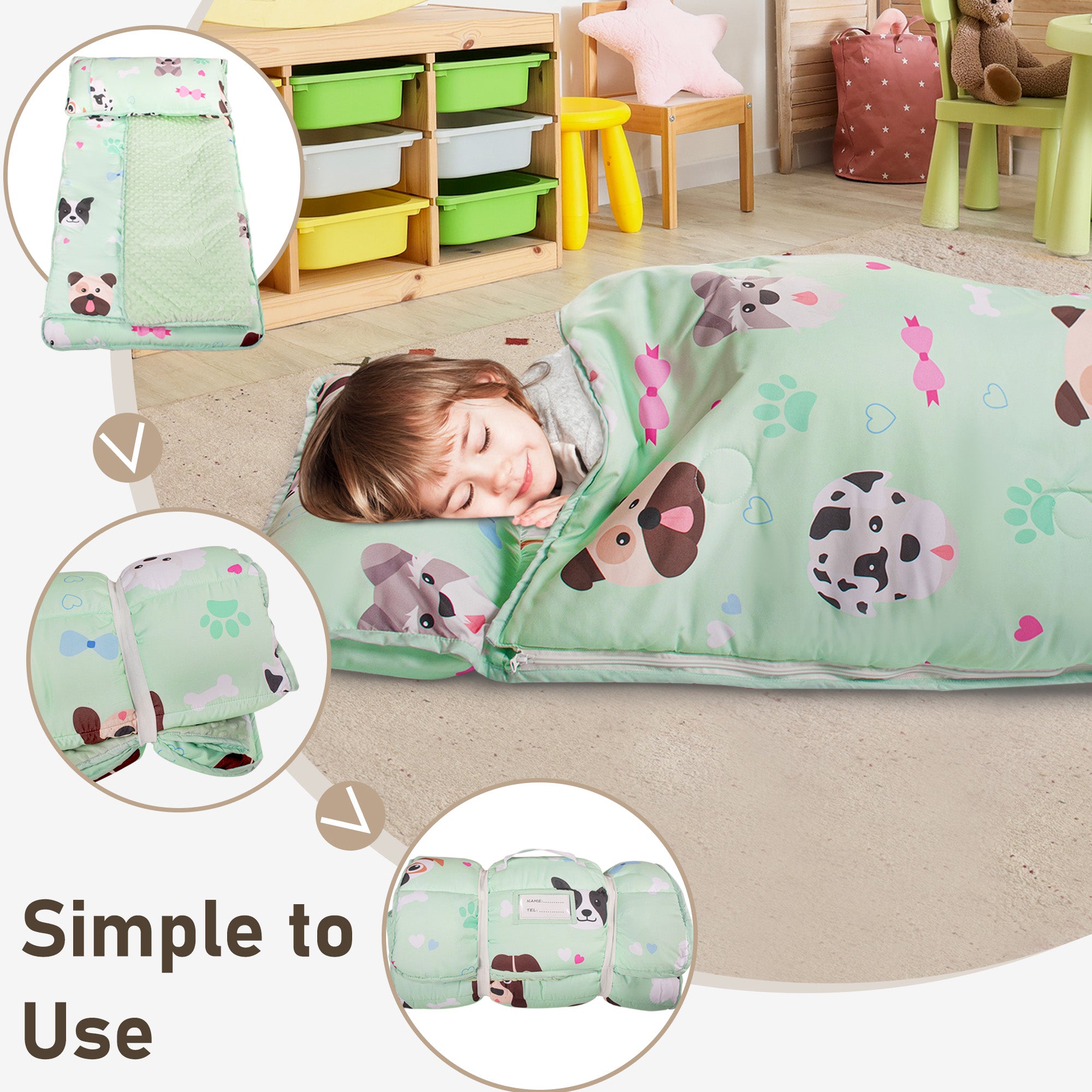 PRIMLECT Nap Mat with Removable Blanket - Green Dogs