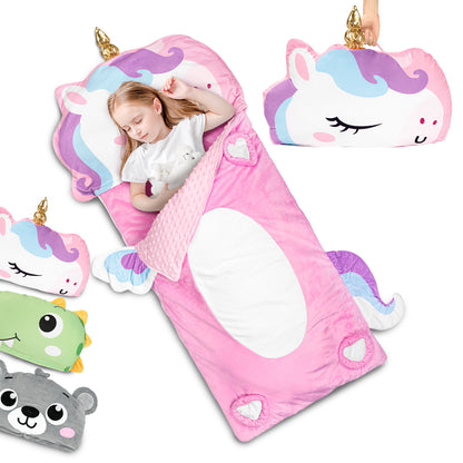 Primlect Sleeping Bag, 61" x 27" Plush Nap Mat with Pillow, Cozy Slumber Bag for Sleepovers