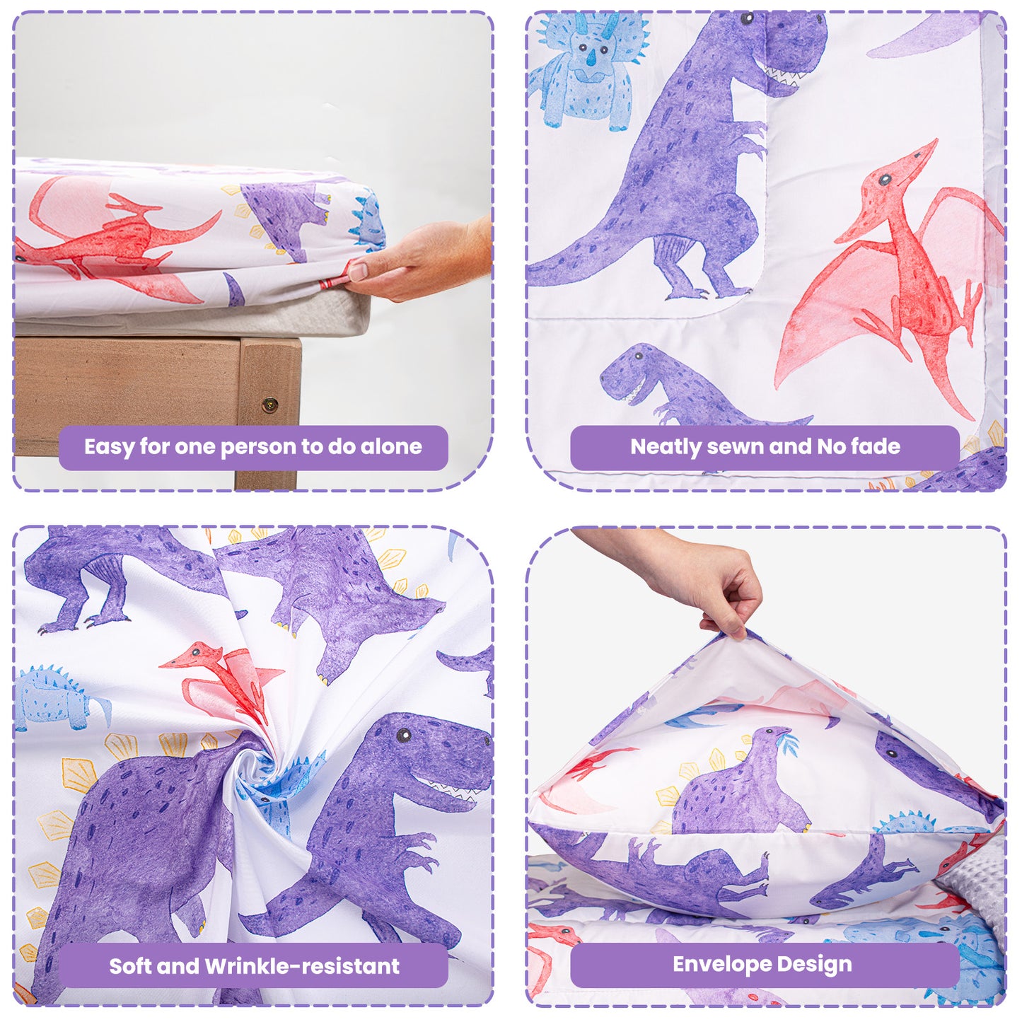 Primlect Baby Crib Bedding Set for Boy Girls-Purple Dinosaur