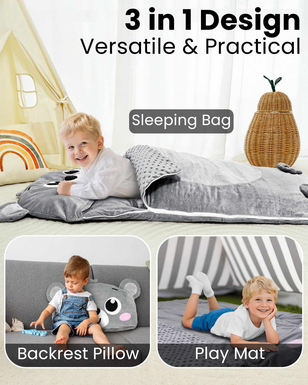 Primlect Sleeping Bag, 61" x 27" Plush Nap Mat with Pillow, Cozy Slumber Bag for Sleepovers