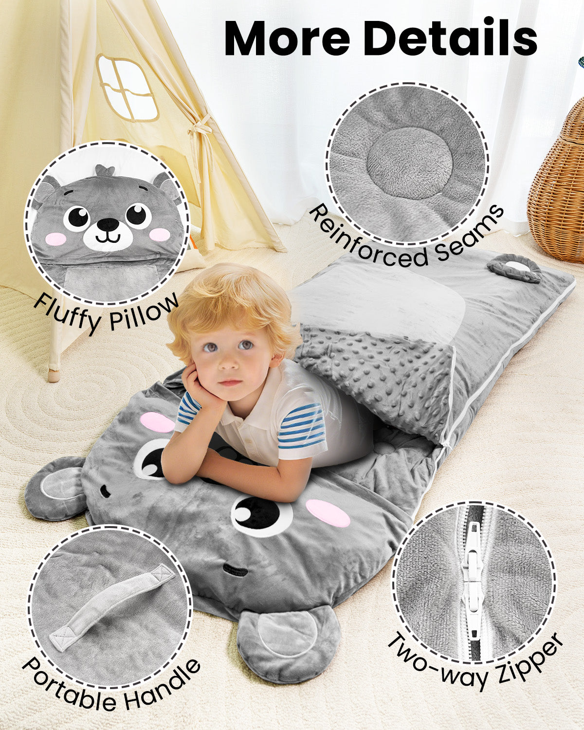 Primlect Sleeping Bag, 61" x 27" Plush Nap Mat with Pillow, Cozy Slumber Bag for Sleepovers
