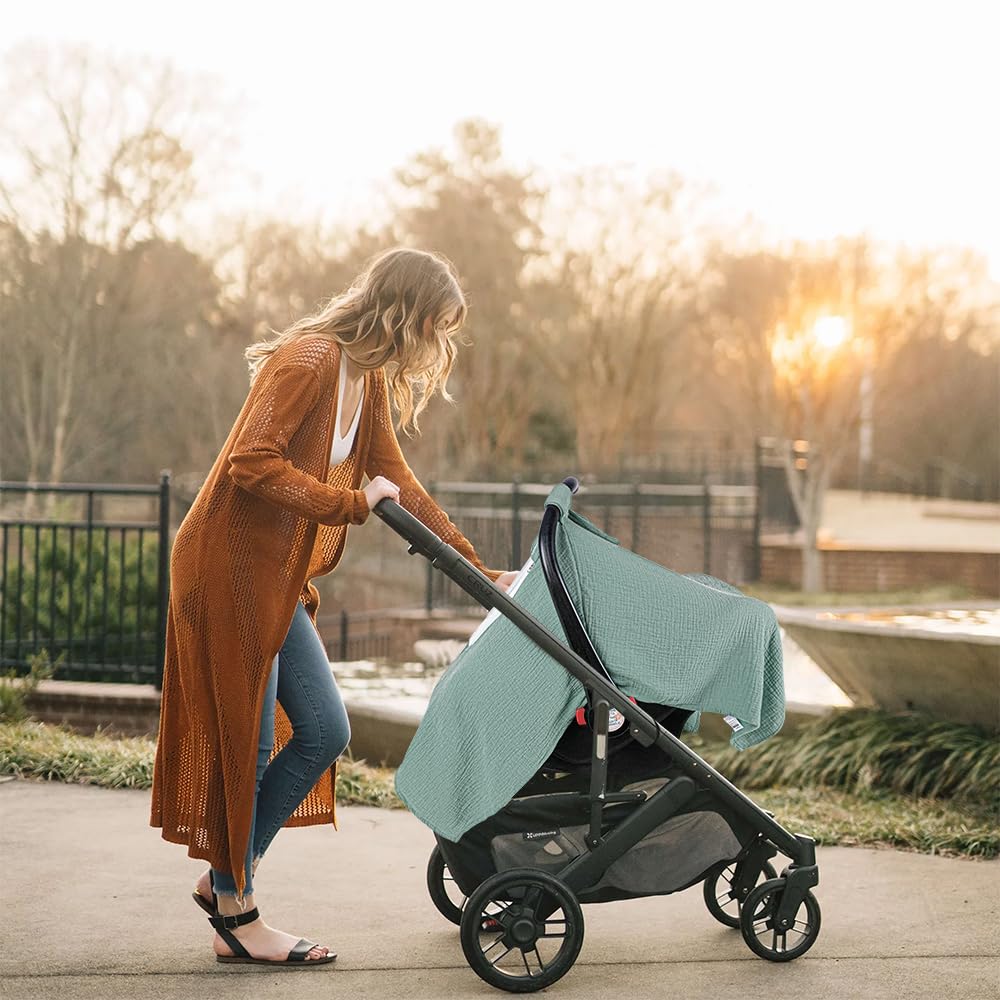 Muslin Baby Car Seat Cover -  Blue and Green