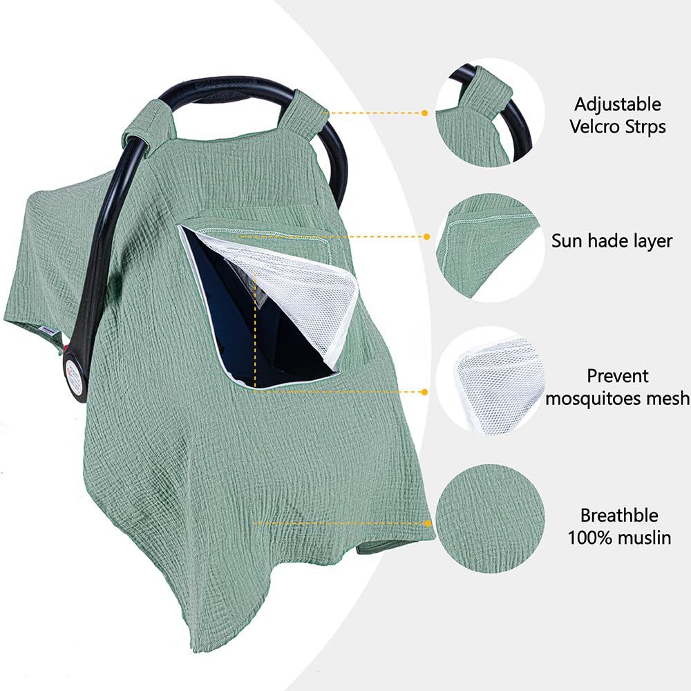 Muslin Baby Car Seat Cover -  Blue and Green