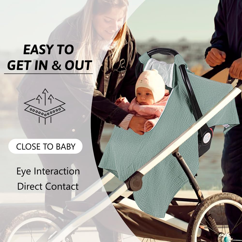 Muslin Baby Car Seat Cover -  Blue and Green