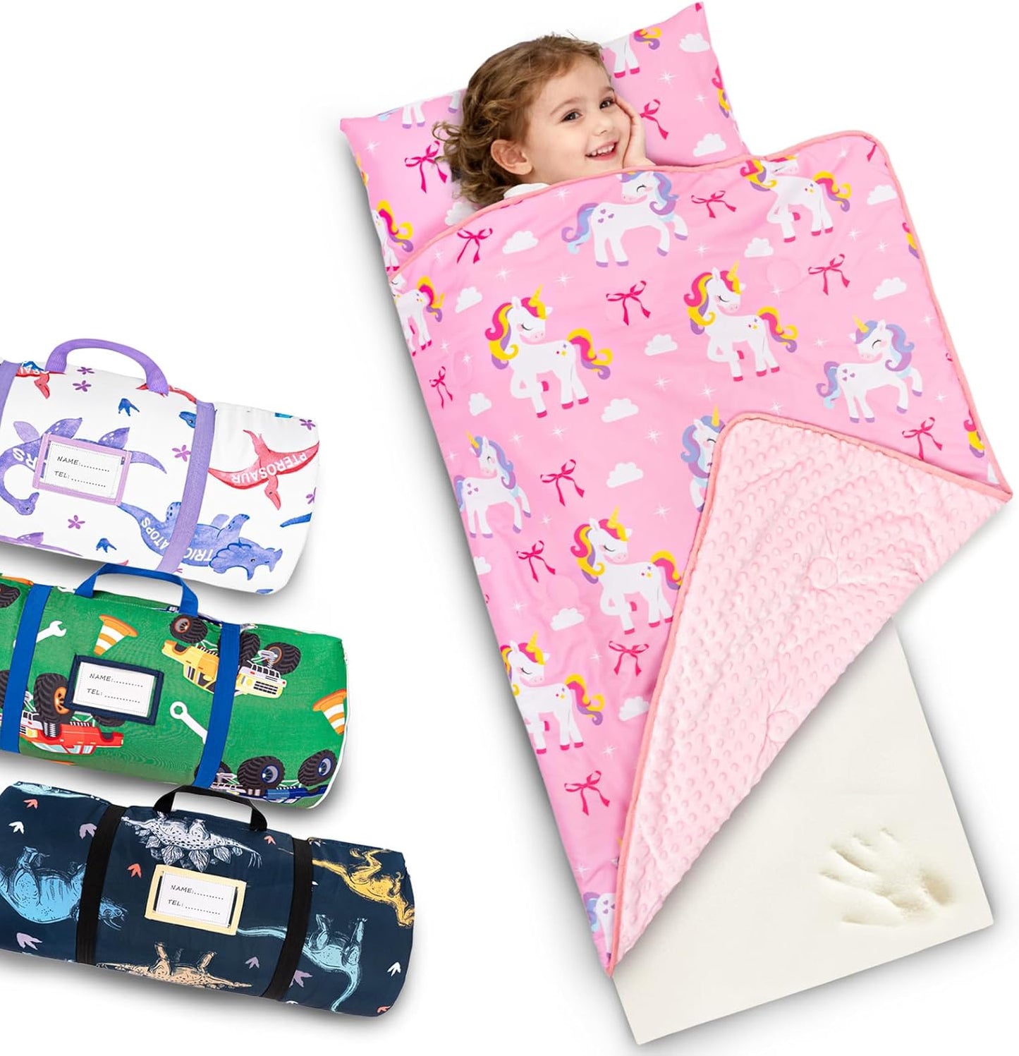 Primlect Toddler Nap Mat with Removable Foam Insert, Zipper Cover and Pillow, Thick & Supportive Sleeping Mat for Preschool, Daycare, or Travel（Unicorn）