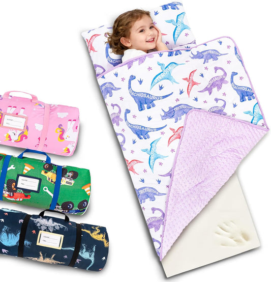 Primlect Toddler Nap Mat with Removable Foam Insert, Zipper Cover and Pillow, Thick & Supportive Sleeping Mat for Preschool, Daycare, or Travel（Purple Dino）