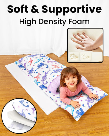 Primlect Toddler Nap Mat with Removable Foam Insert, Zipper Cover and Pillow, Thick & Supportive Sleeping Mat for Preschool, Daycare, or Travel（Purple Dino）