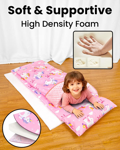 Primlect Toddler Nap Mat with Removable Foam Insert, Zipper Cover and Pillow, Thick & Supportive Sleeping Mat for Preschool, Daycare, or Travel（Unicorn）