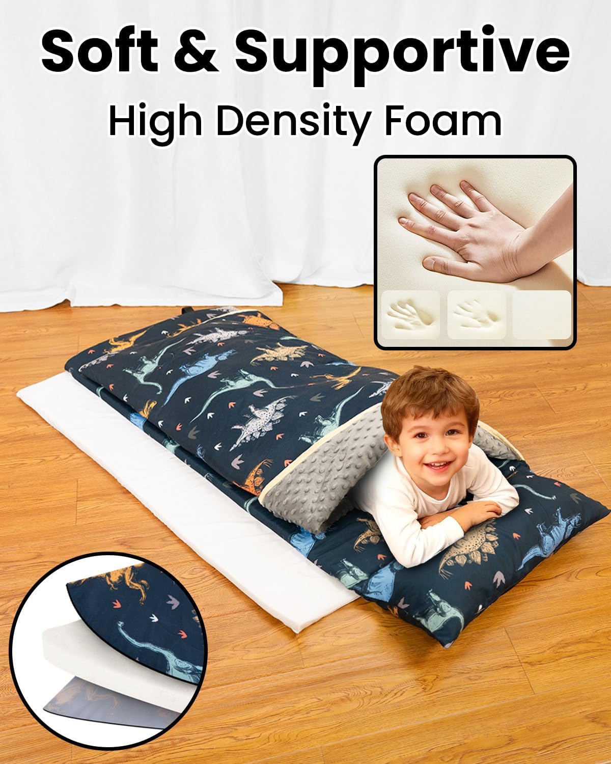 Primlect Toddler Nap Mat with Removable Foam Insert, Zipper Cover and Pillow, Thick & Supportive Sleeping Mat for Preschool, Daycare, or Travel