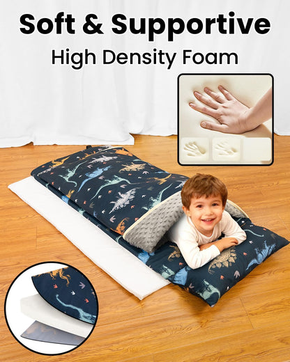 Primlect Toddler Nap Mat with Removable Foam Insert, Zipper Cover and Pillow, Thick & Supportive Sleeping Mat for Preschool, Daycare, or Travel
