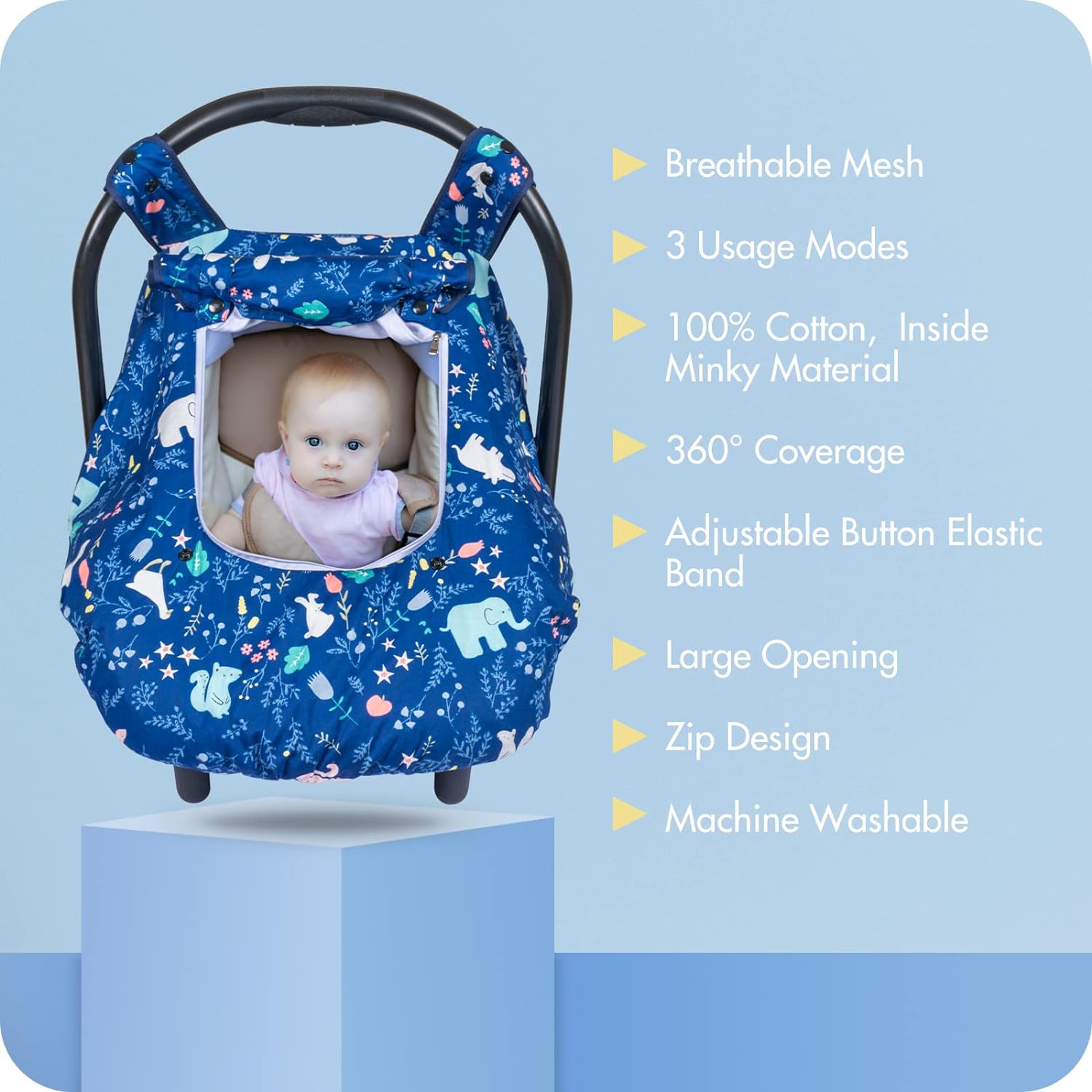 Minky Baby Car Seat Cover - Blue Animal