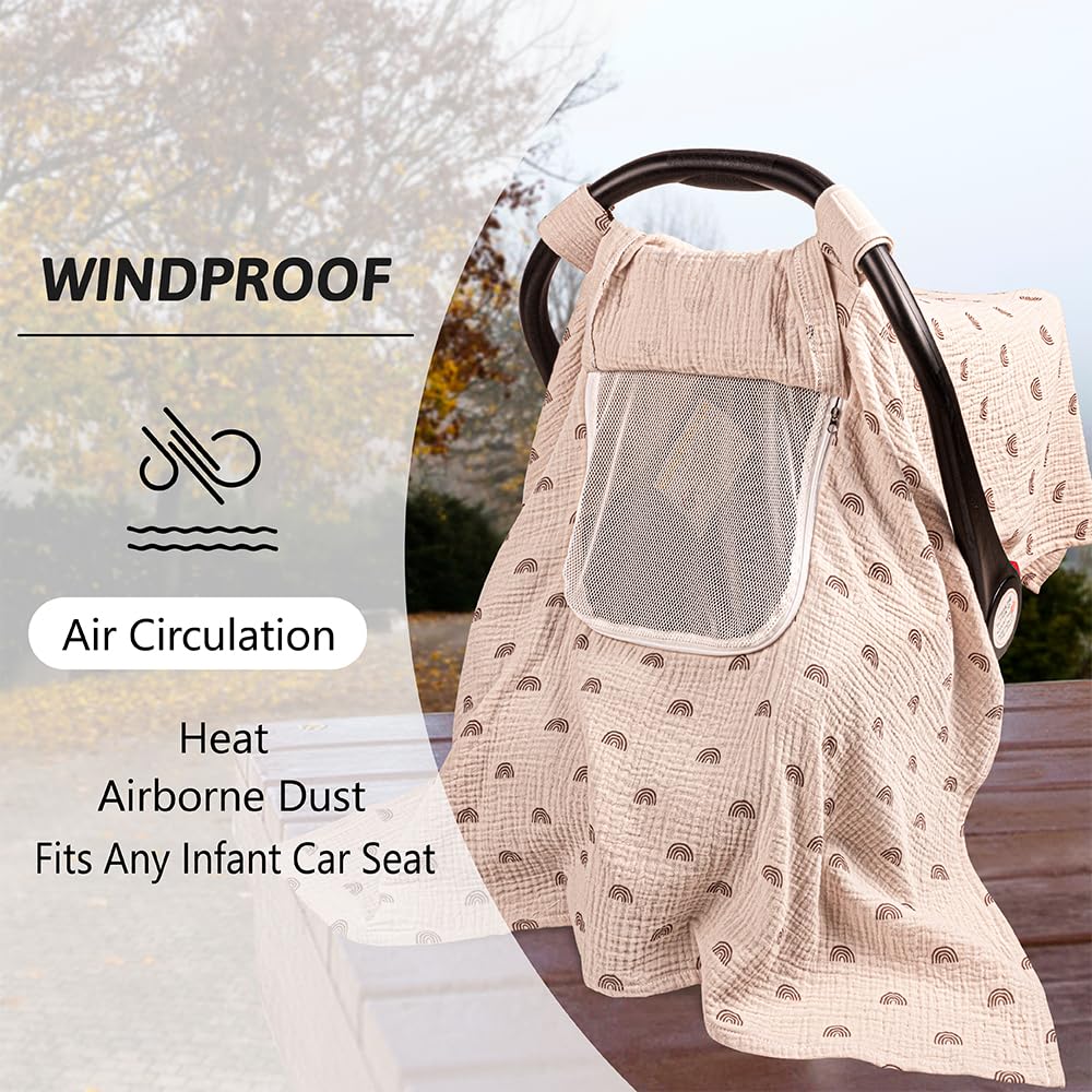 Muslin Baby Car Seat Cover - Boho Rainbow