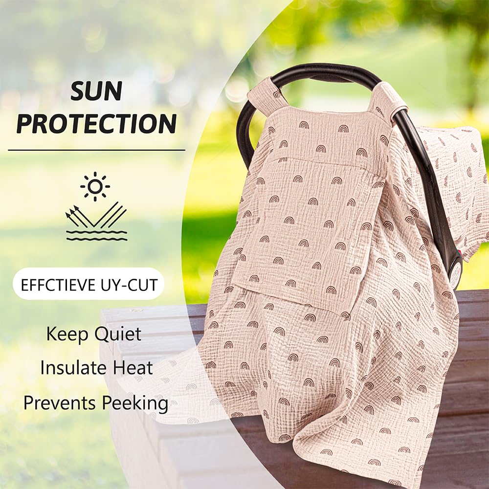 Muslin Baby Car Seat Cover - Boho Rainbow