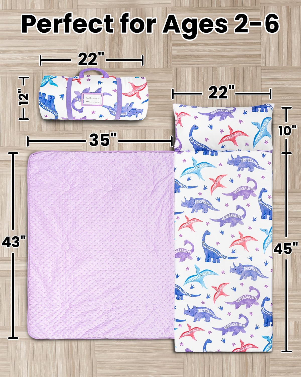 Primlect Toddler Nap Mat with Removable Foam Insert, Zipper Cover and Pillow, Thick & Supportive Sleeping Mat for Preschool, Daycare, or Travel（Purple Dino）