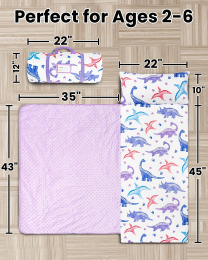 Primlect Toddler Nap Mat with Removable Foam Insert, Zipper Cover and Pillow, Thick & Supportive Sleeping Mat for Preschool, Daycare, or Travel（Purple Dino）