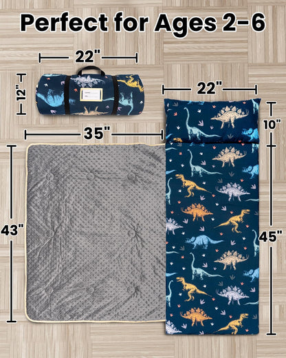 Primlect Toddler Nap Mat with Removable Foam Insert, Zipper Cover and Pillow, Thick & Supportive Sleeping Mat for Preschool, Daycare, or Travel