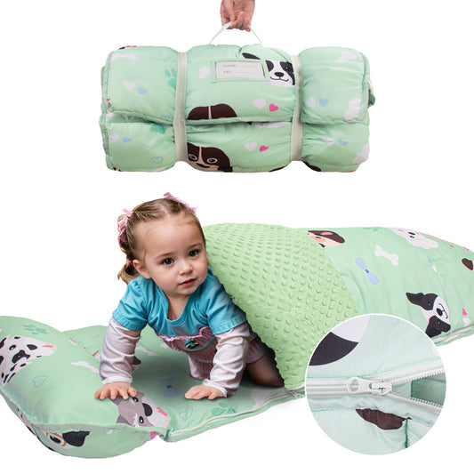 PRIMLECT Nap Mat with Removable Blanket - Green Puppies