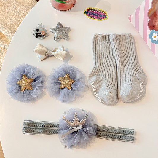 8PCS Newborn Baby Girl Hair Accessories – Headbands, Barrettes & Socks Set for Photoshoot & Daily Wear