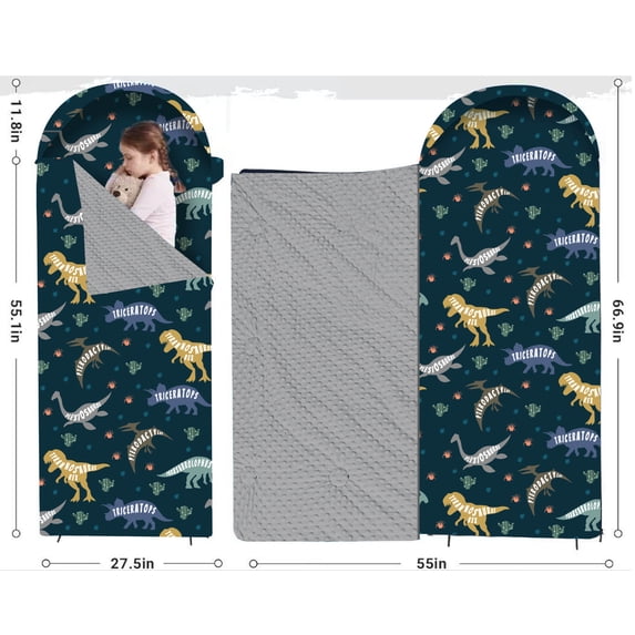 Toddler Sleeping Bag with Pillow, 66.9 x 27.5 Inch Kids Nap Mat for Daycare & Preschool, Soft Minky Lined Slumber Bag for Naps, Sleepovers & Travel