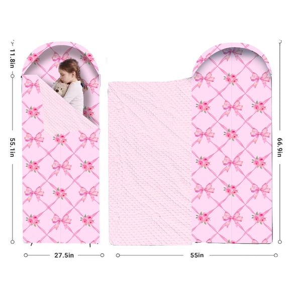 Toddler Sleeping Bag with Pillow, 66.9 x 27.5 Inch Kids Nap Mat for Daycare & Preschool, Soft Minky Lined Slumber Bag for Naps, Sleepovers & Travel