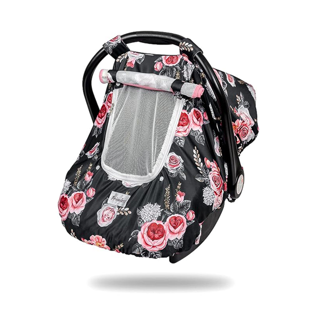Minky Baby Car Seat Cover - Black Flowers